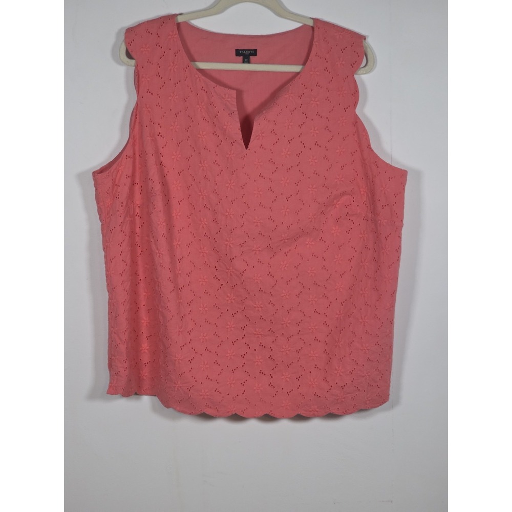 Talbots Womens 2X Pink Eyelet Floral Cotton Tank Top Sleeveless Casual Summer